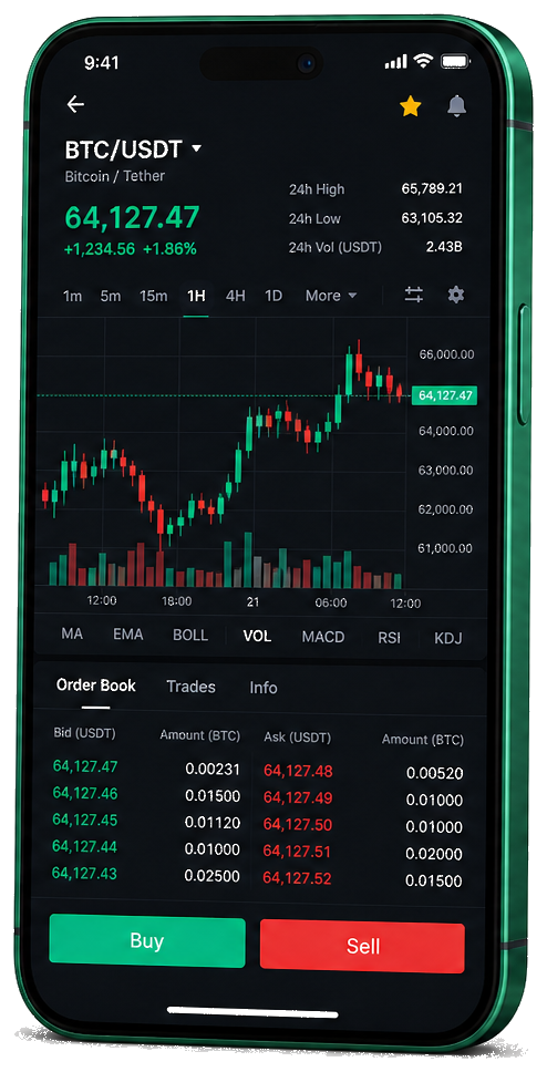 Impetu Gainvero app móvil para trading — gráfico en directo BTC/USDT, libro de órdenes y panel de compra/venta